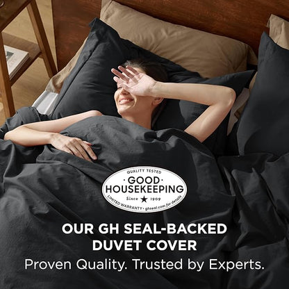 Bedsure 100% Washed Cotton Duvet Cover Queen Size - Black Minimalist Cotton Duvet Cover Linen Like for All Seasons - GentleSoft™ Plain Simple Bedding (Black, Queen, 90"x90")