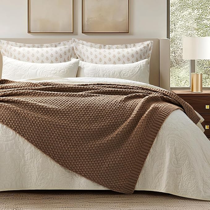 EVERGRACEHOME Chunky Chenille Knit Throw Blanket for Couch, Soft Luxurious Moss Stitch Blankets for Bed, Cozy Decorative Farmhouse Knitted Throws for Sofa, Camel Brown, 60" x 80"