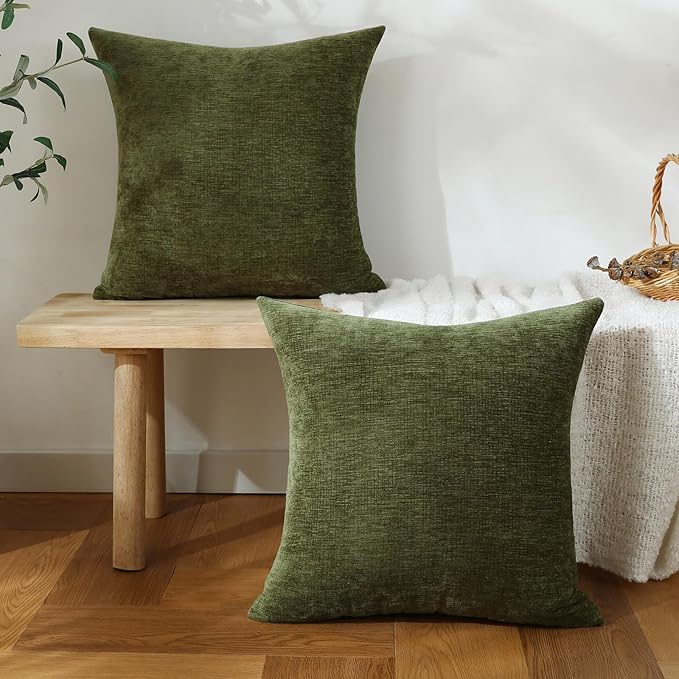Jeneoo Sage Green Decorative Throw Pillow Covers Soft Chenille Comfy Square Couch Cushion Cases for Living Room Sofa Decor (Set of 2, 14 x 14 Inches)