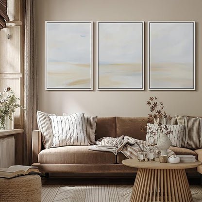 MUDECOR Framed Wall Art Print Set Minimalist Coastal Horizon in Soft Blue and Sand Colors Illustrations Modern Art Boho Decorative Chic for Living Room, Bedroom, Office - 24"x36"x3 White