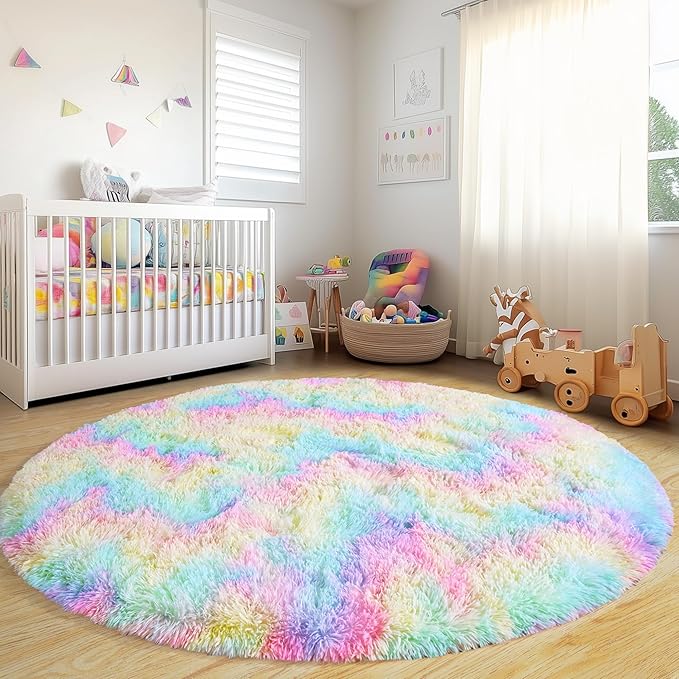 Round Fluffy Rugs 4Ft for Girls Bedroom, Rainbow Shag Circle Kids Rug Non-Slip for Bedside Dorm Nursery Playroom, Soft Cute Area Rugs for Living Room Decor