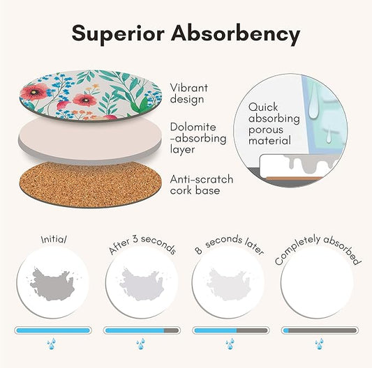 Floral Drink Absorbent Coasters with Holder Set of 6, Ceramic Coaster for Drinks, Coffee Table Decor, Water Absorbing Stone Coaster for Drinks (Blossom)