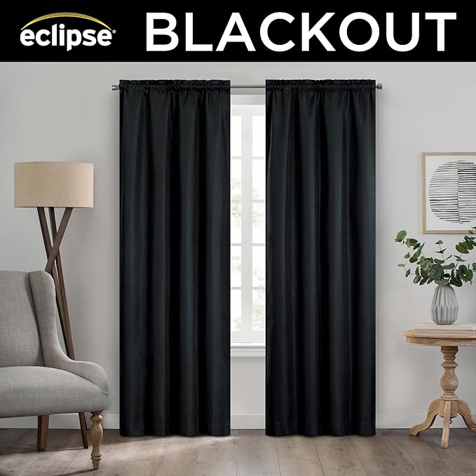 Eclipse Kendall Textured Blackout Thermal Rod Pocket Window Curtain, Insulating & Noise Reducing Curtains for Bedroom or Living Room (1 Panel), 84 in Long x 42 in Wide, Black