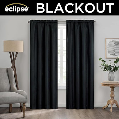 Eclipse Kendall Textured Blackout Thermal Rod Pocket Window Curtain, Insulating & Noise Reducing Curtains for Bedroom or Living Room (1 Panel), 84 in Long x 42 in Wide, Black