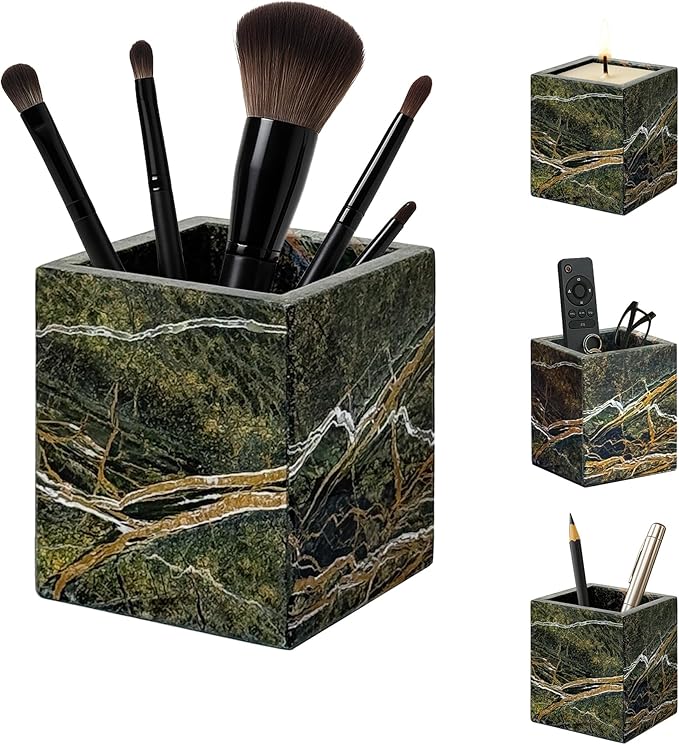 PROLEE Marble Pen Holder, Forest-Inspired Natural Stone Makeup Brush & Toothbrush Holder, Square Marble Container for Candles, Remote Controls, and Bathroom Vanity Organizer (Rainforest Green)