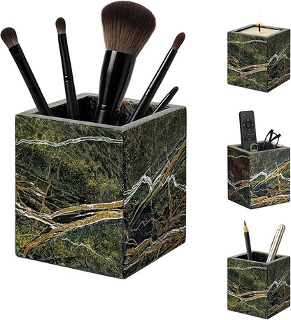PROLEE Marble Pen Holder, Forest-Inspired Natural Stone Makeup Brush & Toothbrush Holder, Square Marble Container for Candles, Remote Controls, and Bathroom Vanity Organizer (Rainforest Green)
