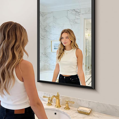 Black Bathroom Mirror 60 x 24 Inch Rectangle Wave Beveled Frame for Wall Bathroom Vanity Mirror for Over Sink, Tempered Glass,for Entryway Hangs, Bathroom Living Room Horizontal or Vertical