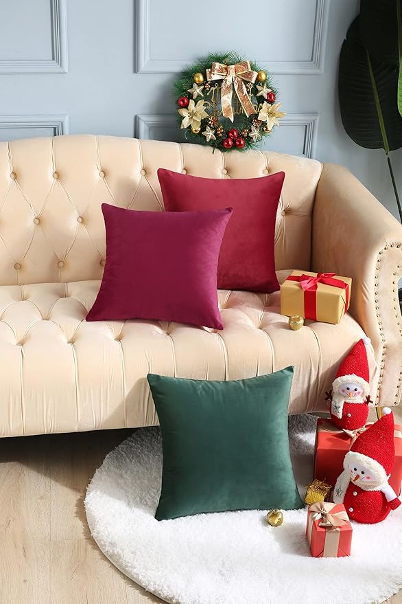 mixeoo Comfy Christmas Red Throw Pillow Covers Decorative Rectangle Solid Thick Velvet Super Soft Cushion Cases Home Decor for Sofa Couch Living Room Chair, Set of 2, 12 x 20 Inch