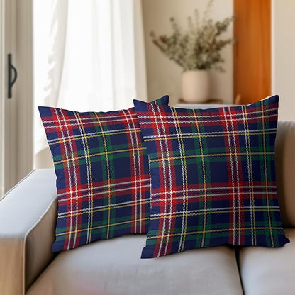 Christmas Tartan Pillow Covers 16x16 Set of 2 Navy Blue Green Red Plaid Print Decorative Outdoor Xmas Throw Pillow Cases Rustic Winter Holiday Decoration Farmhouse Sofa Couch Cushion Cover Bed Decor