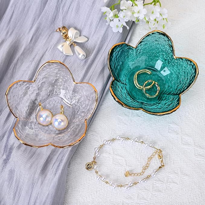 Koythin 3-Piece Glass Jewelry Tray, Small Trinket Holder for Necklace Bracelet Earring, Ring Holder for Bathroom, Aesthetic Trinket Dish, Flower Nightstand Decor for Girl Mom Women (Green)