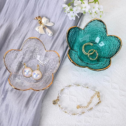 Koythin 2-Piece Glass Jewelry Tray, Small Trinket Holder for Necklace Bracelet Earring, Ring Holders for Bathroom, Aesthetic Trinket Dish, Flower Nightstand Decor for Girl Mom (Transparent White)