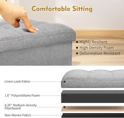 Storage Ottoman Foot Rest, Folding Linen Foot Stool with Thicker Foam Padded Seat. Small Ottoman with Storage Bench for Bedroom Living Room, Holds Up to 300 lbs, 17x13x13IN (Light Gray)