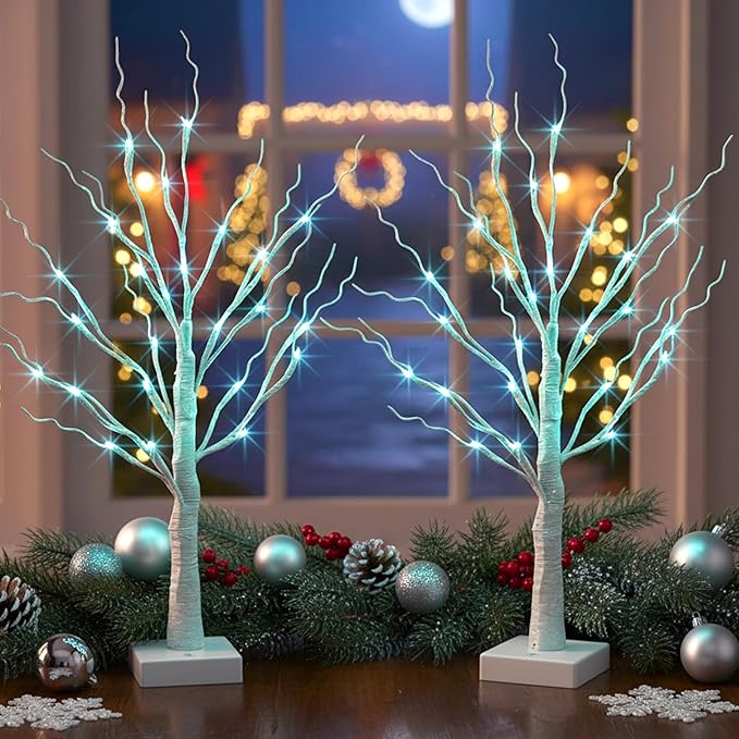 PEIDUO Blue-Green Trees Decor for Home, 2PK Tree Light Battery Powered Timer, Lighted Christmas Decorations Indoor, for Home Bedroom Living Room Fireplace Wedding Party New Year's Day and Christmas
