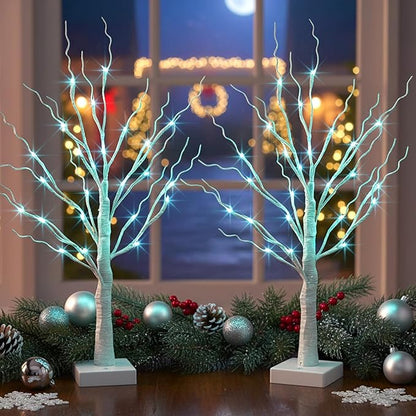 PEIDUO Blue-Green Trees Decor for Home, 2PK Tree Light Battery Powered Timer, Lighted Christmas Decorations Indoor, for Home Bedroom Living Room Fireplace Wedding Party New Year's Day and Christmas