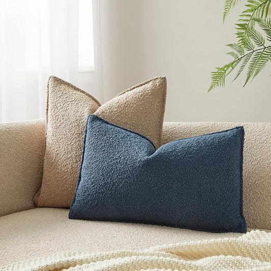 JUSPURBET Blue Decorative Pillow Covers 12x20 Set of 2 Throw Pillow Covers for Couch Sofa Bed Cozy Boucle Textured Lumbar Cushion Covers Cases with Hidden Zipper for Living Room Home Decor