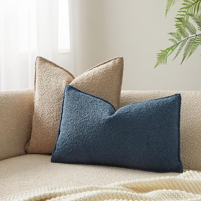 JUSPURBET Blue Decorative Pillow Covers 16x24 Set of 2 Throw Pillow Covers for Couch Sofa Bed Cozy Boucle Textured Lumbar Cushion Covers Cases with Hidden Zipper for Living Room Home Decor