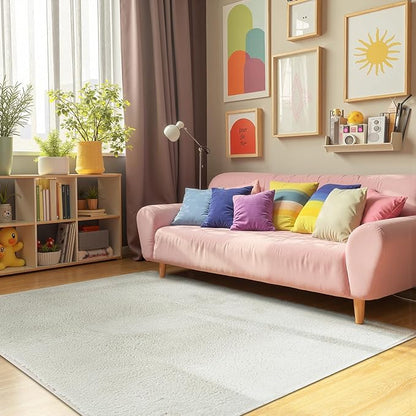 jinchan Solid Plush Area Rug 5x7 Performance Shaggy Washable Rug Indoor Soft Modern Faux Wool Cozy Non Slip Carpet for Living Room Kids Room Bedroom Dining Room Nursery Ivory