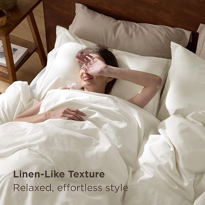 Bedsure 100% Washed Cotton Duvet Cover Queen Size - Ivory Minimalist Cotton Duvet Cover Linen Like for All Seasons - GentleSoft™ Plain Simple Bedding, 3 Pieces (Ivory, Queen, 90"x90")