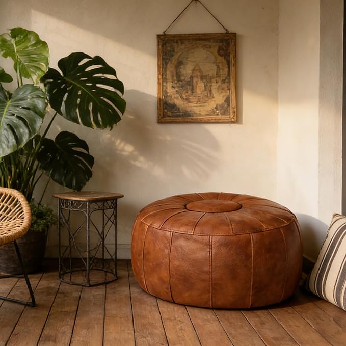 Thgonwid Unstuffed Moroccan Ottoman Pouf Cover, Ottoman Footstool Storage Solution, Bean Bag Chair, Foot Rest, Brown