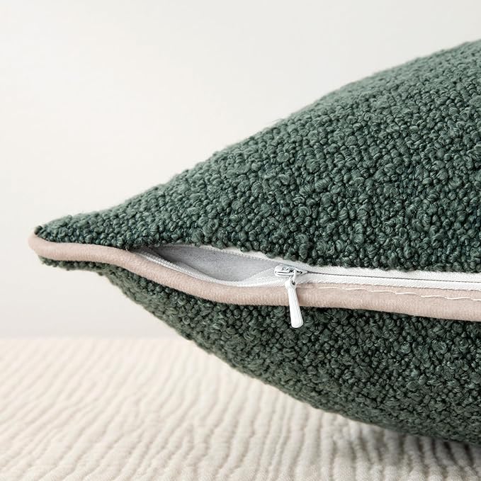 Amazon Basics Boucle Throw Pillow Covers for Couch, Living Room, Home Decor with Hidden Zipper, Green, 22×22in, Pack of 2