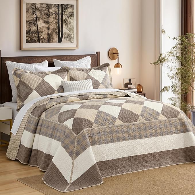 Oversized King Bedspread Quilt 128" x 120" Extra Wide, 100% Cotton Lightweight Quilted Bed Spreads Coverlet Set Farmhouse Bedding Cover, 3 Piece, Brown/Beige/Khaki