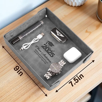 Engraved Leather Valet Tray for Couples – Personalized Catchall with Custom Name – Organizer for Keys, Wallet, Jewelry – Romantic Gift – Grey
