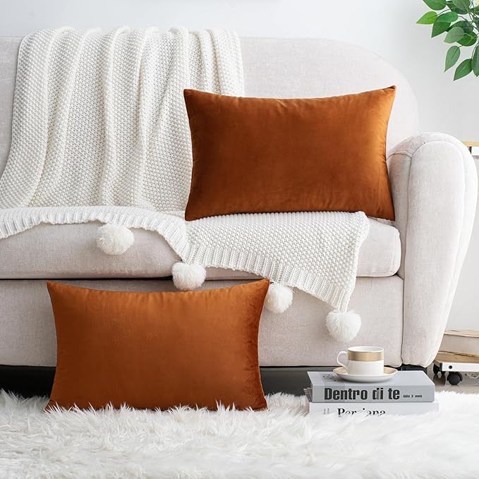 HWY 50 Burnt Orange Velvet Rectangular Throw Pillow Covers 12x20 Inch, Pack of 2 Soft Cozy Solid Decorative Luxury Fall Cushion Cases for Couch Sofa Bed Living Room Bedroom
