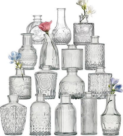 Glass Bud Vase Set of 16 Pcs Small Minimalist Vases for Flowers, Vintage Rustic Home Decor for Table Centerpiece Wedding Party, Modern Clear Aromatherapy Bottle for Living Room Bedroom