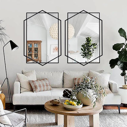 Black Decorative Mirror for Wall Decor, 32"x47" Modern Large Living Room Mirror with Hexagon and Rectangular Metal Frame for Bathroom, Entrance, Bedroom, Dining Room