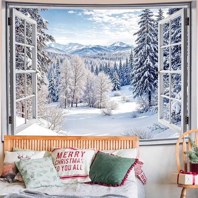 Lifeel Winter Snowy Scenic Tapestry, Forest Nature Landscape Window Tapestries, Living Room Dorm Bedroom Wall Decor White, 60x80 inches