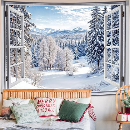 Lifeel Winter Snowy Scenic Tapestry, Forest Nature Landscape Window Tapestries, Living Room Dorm Bedroom Wall Decor White, 36x48 inches