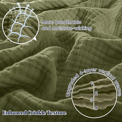 PHF 100% Cotton Muslin Blanket Queen Size 90"x90", 4-Layer Lightweight Gauze Throw, Breathable Cloud-Soft Minimalist Blanket for Bed, Couch, Camping & Baby, Olive Green, Ideal Gift