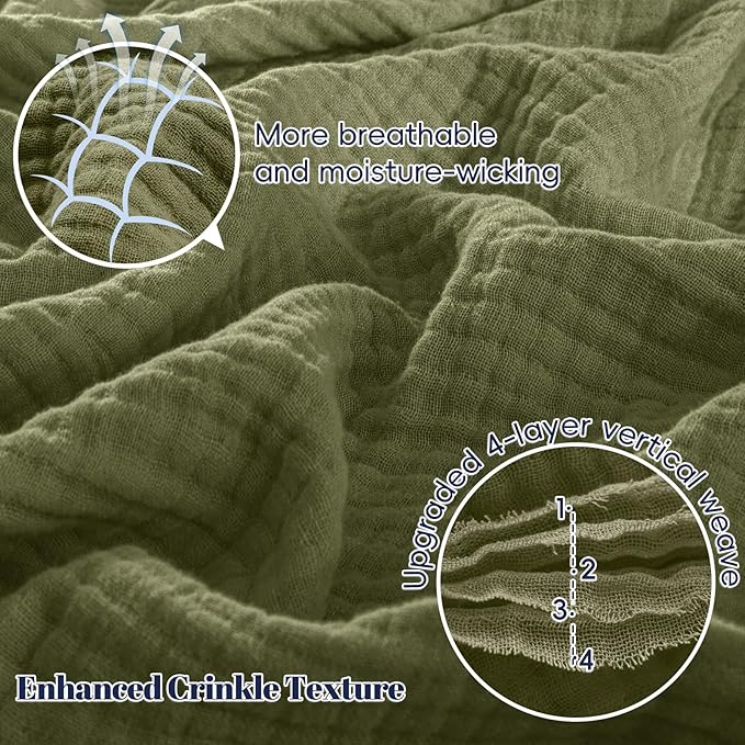 PHF 100% Cotton Muslin Blanket Twin XL Size 66"x90", 4-Layer Lightweight Gauze Throw, Breathable Cloud-Soft Minimalist Blanket for Bed, Couch, Camping & Baby, Olive Green, Ideal Gift