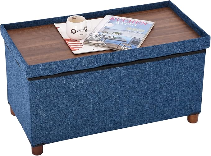 30 Inches Storage Ottoman Bench, Storage Bench with Wooden Legs for Living Room Folding Ottoman Foot Rest Removeable Lid for Bedroom End of Bed, Linen Fabric Blue