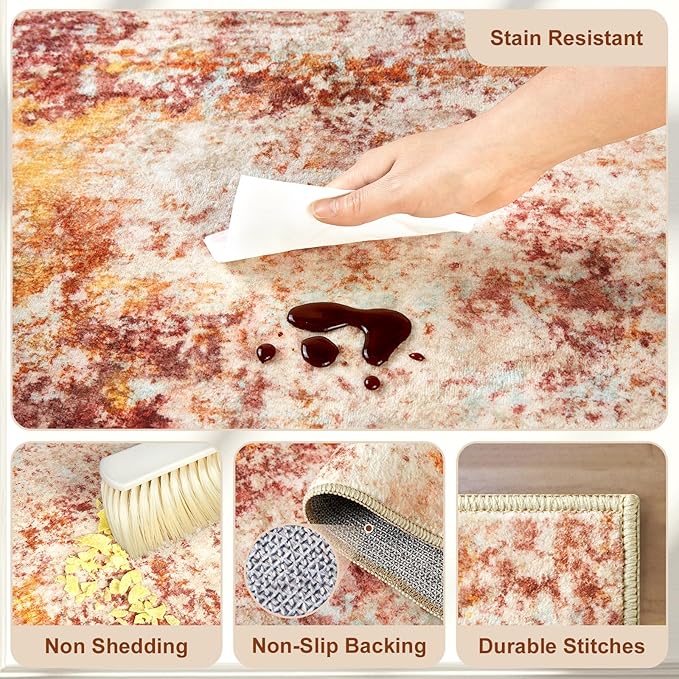 9x12 Area Rug for Living Room- Washable Rugs Modern Neutral Abstract Rug Soft Low Pile No Slip Stain Resistant Rug Indoor Large Carpet for Bedroom Dining Room Nursery Room Home - Pink/Orange