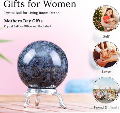 Crocon 45mm Indigo Gabbro Stone Sphere Ball with Metal Stand 1400+ Carats Gemstone Ball Healing Sphere Sculpture Figurine for Fengshui Divination Home Decoration Photography Crystal Sphere