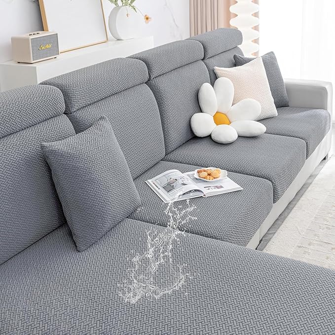 Smiry Waterproof Couch Cushion Covers, Stretch Jacquard Thick Sofa Cushion Covers, Washable Seat Slipcover Elastic Furniture Protector for Pets, Kid (Back Cover M, Light Grey)