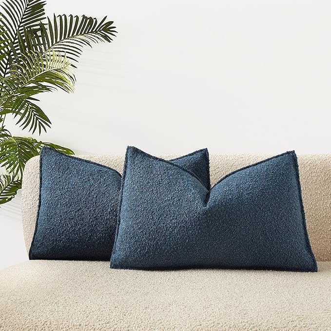 JUSPURBET Blue Decorative Pillow Covers 14x24 Set of 2 Throw Pillow Covers for Couch Sofa Bed Cozy Boucle Textured Lumbar Cushion Covers Cases with Hidden Zipper for Living Room Home Decor