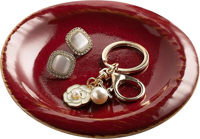Ring Dish Holder, Jewelry Dishes for Women, Ceramic Trinket Dish Tray, Cute Key Bowl, Decorative Jewelry Plate, Gift for Friends Sister Mom Daughter (red)