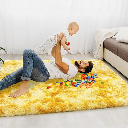 Small Rugs for Bedroom, Fuzzy Throw Rug for Living Room Dorm, Soft Fluffy Bedroom Rug, Non Slip Shag Rugs, Modern Indoor Home Decor Aesthetic, 2x3 Feet, Tie-Dyed Yellow
