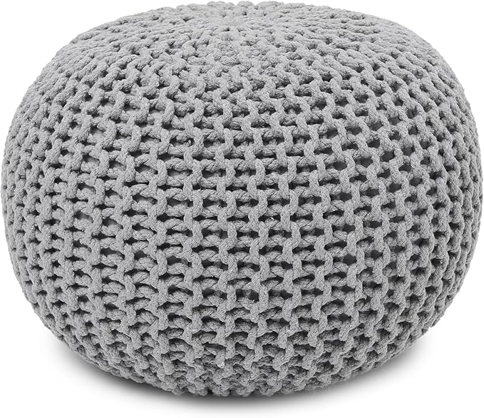 REDEARTH · Round Pouf Ottoman - Hand Knitted Cable Boho Poof Home Décor Pouffe Circular Footrest for Living Room - Nursery - Bedroom - Lounge 100% Cotton (18”x18”x14”) - Gray, Set of 2