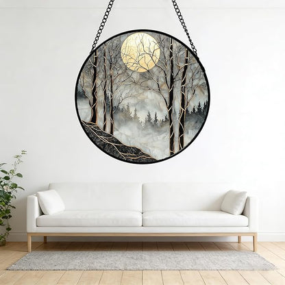 Stained Glass Window Hanging - Black and White Gold Moon Forest Sun Catcher for Door Home Decor Suncatcher Christmas Mother's Day Birthday Gifts for Women Men Lovers Mom Nana 11.8 in