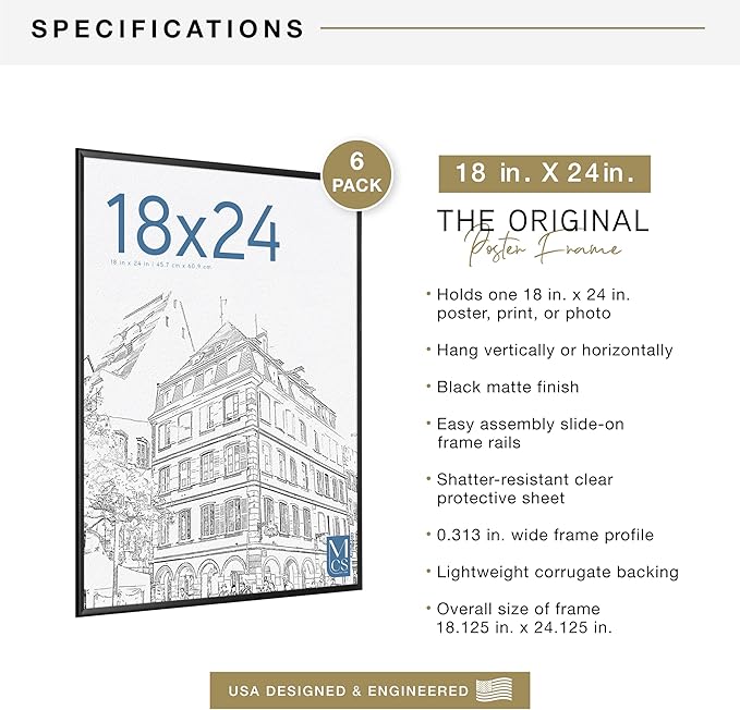 MCS Original Poster Frame 18x24 Black Lightweight Vertical & Horizontal Wall Hanging Large Picture Frame for Posters, Art Prints & Gallery Wall (6-Pack)