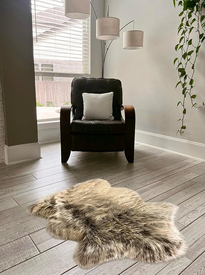 Free Shape Luxury Soft Fluffy Shag Area Rug Single 2’x3’, 60x90cm - Vegan Fur Ultra Soft Indoor Carpet Nursery Rugs for Bedroom Home Decor, Brown with Beige Tips