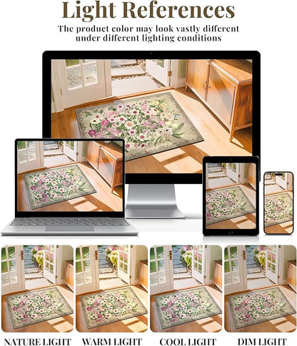 Door Mat Entrance 2x3 Rug - Floral Rugs Washable Small Area Rug Non-Slip Low Pile Carpet Throw Rugs for Indoor Entryway, Bedroom, Kitchen, Front Door, Entry, Kids Room - Brown