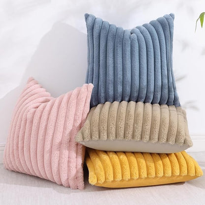 decorUhome Faux Fur Spring Throw Pillow Covers 18x18 Set of 2, Decorative Soft Plush Striped Neutral Couch Pillow Covers with Velvet Back for Sofa, Bed, Living Room Home, Grey Blue