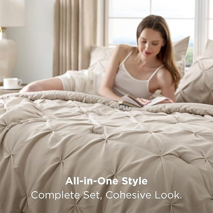 Bedsure King Size Comforter Set Beige - Bed in a Bag Bedding Set 7 Pieces, GentleSoft™ Pintuck Bed Set Gift for Family, Pinch Pleat Beige Comforter with Sheets, Pillowcases & Shams