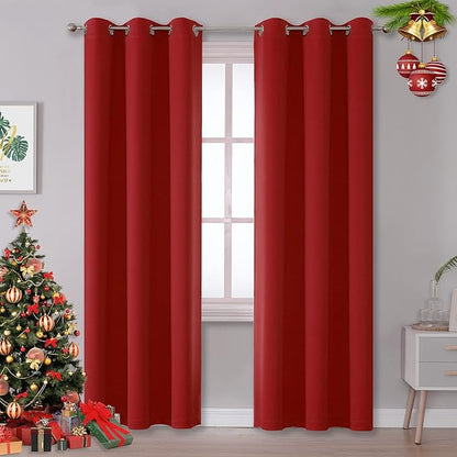 DUALIFE Christmas Red Blackout Curtains for Bedroom 84 Inches Long Room Darkening Thermal Insulated Curtain Panels with Grommet Top Window Drapes for Living Room 42x84 Inch Length