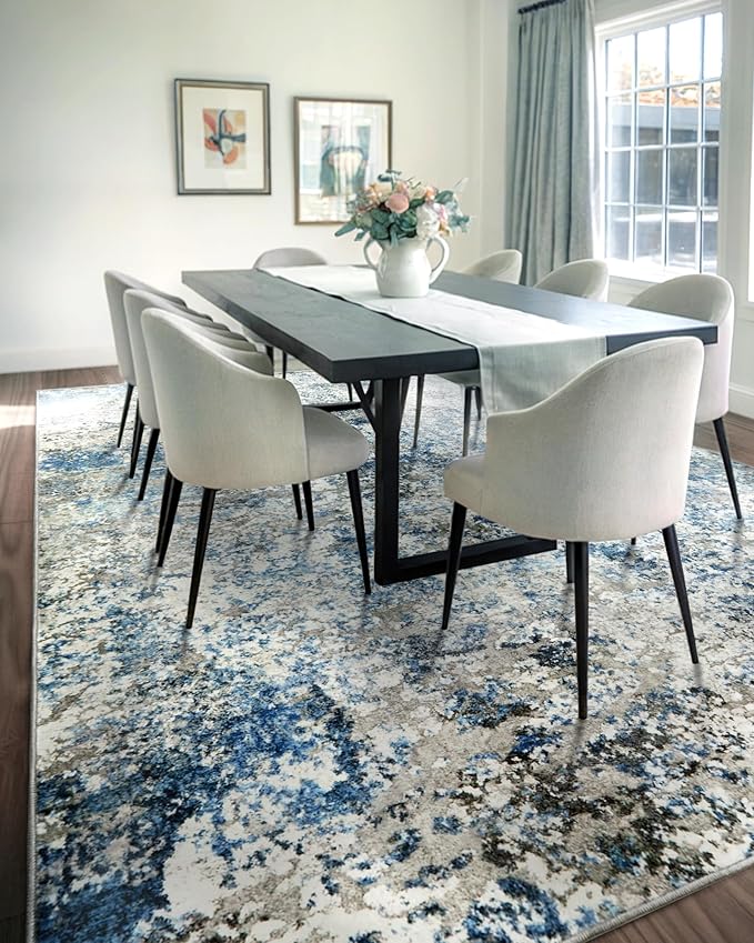 Washable Area Rug for Living Room: 9x12 Modern Abstract Neutral Soft Rug for Bedroom Dining Room No Slip Low Pile Carpet for Nursery Home Office - Grey/Blue