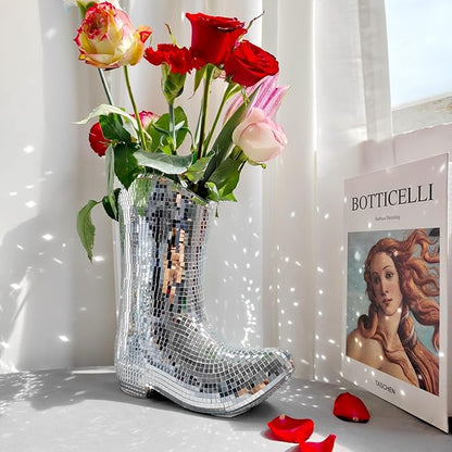 Handcrafted Disco Cowboy Boot Vase - Ceramic & Santiago Disco Ball Modern Western Flower Vase, 9.5inch Santiago Disco Cowboy Boot Home Decor, Unique Gift for Housewarming